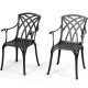 Two durable aluminum dining chairs with armrests, featuring a hollow out design and ergonomic support, ideal for.