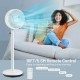 Portable oscillating pedestal fan in white with adjustable height, remote control, and 85° oscillation for efficient.