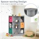 3-tier gray kids storage shelf corner cabinet with colorful baskets, perfect for organizing toys and decorations in.