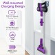 Handheld cordless vacuum cleaner in purple with wall-mounted charging, 2000mAh battery, and rotatable brush head for.