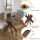 Round wood dining table with intersecting pedestal base, smooth edge, and adjustable foot pads for stability.