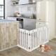 24-inch white wooden freestanding pet gate with 360° hinges, ideal for kitchen safety and easy storage.