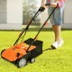 Electric scarifier with collection bag, 13-inch, 12 Amp, orange, shown in use on a lawn for efficient grass care.