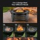 Outdoor fire pit with BBQ grill, featuring a high-temp resistant finish, suitable for backyard and patio use.