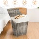 Handwoven gray laundry hamper with removable liner, waterproof PE rattan, and sturdy iron frame for bathroom use.