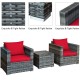 3-piece patio rattan sofa set with cushioned-red seats and tempered glass table, perfect for outdoor relaxation.