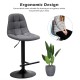 Adjustable gray bar stool with linen seat and T-shaped footrest, perfect for kitchens and cafes.