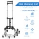 Portable folding stair climbing hand truck with three-wheel design, ergonomic handle, and elastic rope for secure cargo.