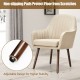 Beige fabric upholstered accent chair with wooden legs, featuring ergonomic armrests and non-slipping pads for.