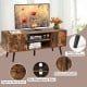 Industrial TV stand in rustic brown with storage cabinets, pine legs, and wire management holes for organized living.