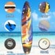 Inflatable stand-up paddle board with non-slip EVA deck, removable fins, and bungee tie down for water activities.