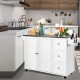 Kitchen island with stainless steel top, white finish, 2 doors, 3 drawers, and wheels for easy mobility in the kitchen.
