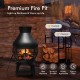Patio wood burning chimneys fireplace with round wire mesh, sturdy iron construction, ideal for outdoor garden use.