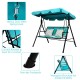 3-person patio swing with adjustable blue polyester canopy and sturdy steel frame, perfect for outdoor relaxation.