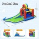 Inflatable kid bounce house slide park with water pool, climbing wall, and safety nets for outdoor summer fun.