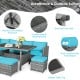 7-piece patio rattan dining set with turquoise cushions, featuring a sturdy table and versatile ottomans for outdoor.