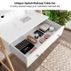 Vanity table set featuring a large drawer, two small drawers, and a cushioned stool for organized cosmetics storage.