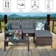 L-shaped gray patio wicker rattan sofa set with cushions and glass table, ideal for outdoor relaxation with friends.