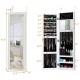 Wall-mounted jewelry cabinet in white with full-size mirror, featuring 40 ring slots and multiple hooks for organized.