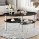 Oval black tempered glass coffee table with two bottom shelves, ideal for living room storage and elegant decor.