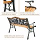 Outdoor cast iron patio bench with solid wood seat, rose design backrest, and sturdy iron structure for three adults.