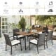 7-piece patio dining set featuring a spacious acacia wood tabletop, cushioned armchairs, and umbrella hole for outdoor.
