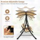 3-seat outdoor porch swing with adjustable beige canopy, padded cushions, and rustproof steel frame for backyard.