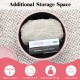 Round pink velvet storage ottoman with metal legs, featuring interior space for organizing clothes and toys.
