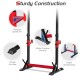 Adjustable squat rack stand featuring a sturdy triangular structure and anti-slip foot pads for home gym fitness.