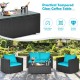 Turquoise cushioned patio sofa set with tempered glass coffee table, perfect for outdoor relaxation and stylish decor.