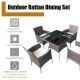 Outdoor rattan dining set featuring a glass-top table and four single sofas with removable cushions for patio.