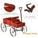 Red wooden wagon plant bed with metal wheels, featuring two planting sections for garden use and easy mobility.