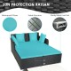 Spacious outdoor rattan daybed in turquoise with waterproof cushions and sturdy metal foot pad for comfort and support.