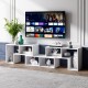 Adjustable white TV stand with two L-shaped shelves and a rectangular shelf, suitable for TVs up to 65 inches.
