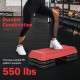 Adjustable red aerobic stepper platform with 4 risers, supports 550 lbs, ideal for various cardio exercises at home or.
