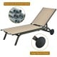 Adjustable brown aluminum patio lounge chair with breathable fabric and large wheels for easy mobility, perfect for.