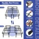 Folding steel platform bed frame with triangular design, connecting bars for full/king size, and protective floor pads.