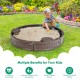 Brown sandbox with built-in corner seats, weather-resistant HDPE, and dust-proof cover for outdoor play and creativity.