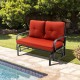 Brick red cushioned patio glider loveseat with sturdy steel frame, perfect for outdoor relaxation by the pool.