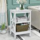 White 3-tier nightstand with X-design, featuring storage shelves and a smooth, easy-to-maintain surface for living room.