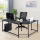 L-shaped corner computer desk in black with spacious countertop and adjustable footpads, ideal for home or office use.