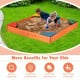 Kids outdoor wooden sandbox with built-in corner seating, made of cedar and pine, perfect for sensory exploration and.