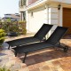 Two black 6-position adjustable outdoor chaise recliners with wheels, perfect for patio relaxation and sunbathing.