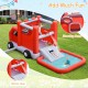 Fire truck-themed inflatable bounce house with slide and water spray, perfect for backyard fun for kids.