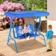 Outdoor kids patio swing bench with canopy in blue, featuring puppy patterns and seat belts for safety, suitable for.
