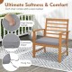 Outdoor chair with gray seat cushion, sturdy acacia wood frame, ergonomic design for comfort, ideal for patio use.