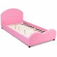 Twin size upholstered toddler bed in pink with wood support slats and rounded edges for safety and comfort.