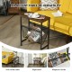 Narrow end table featuring a rustic wood top and mesh magazine holder sling, designed for versatility in compact spaces.