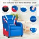 Kids leather recliner chair in blue with adjustable backrest, side pockets, and ergonomic support for comfort.