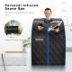 Portable personal far infrared sauna in black with foldable chair, heating foot pad, and LED control for home.